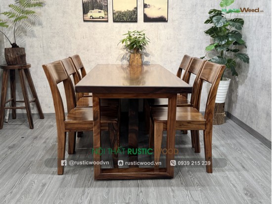 Bộ bàn 6 ghế gỗ me tây tựa xéo 1,6m
