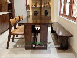 Bộ bàn ăn kết hợp băng ghế màu Walnut