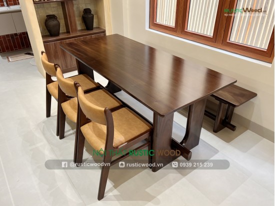 Bộ bàn ăn kết hợp băng ghế màu Walnut