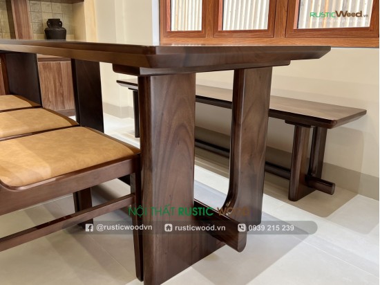 Bộ bàn ăn kết hợp băng ghế màu Walnut