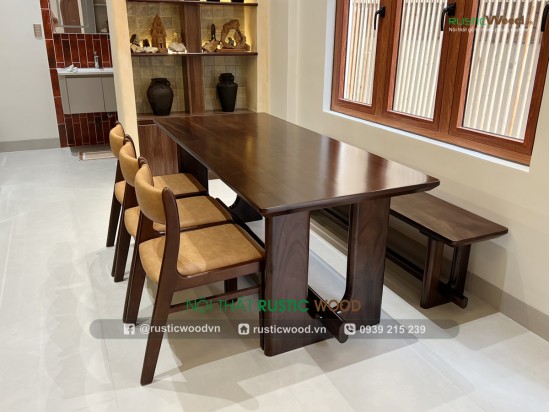 Bộ bàn ăn kết hợp băng ghế màu Walnut