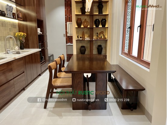 Bộ bàn ăn kết hợp băng ghế màu Walnut