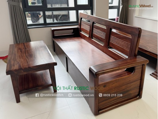 Bộ sofa gỗ me tây chân hộp hiện đại