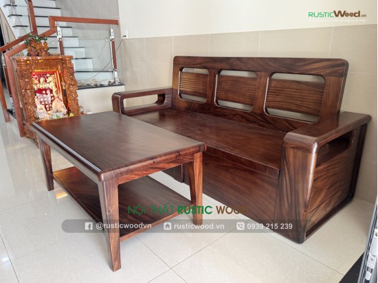 Bộ sofa gỗ me tây chân hộp hiện đại