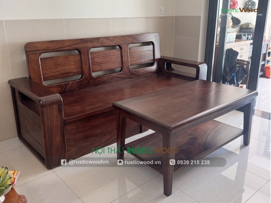 Bộ sofa gỗ me tây chân hộp hiện đại