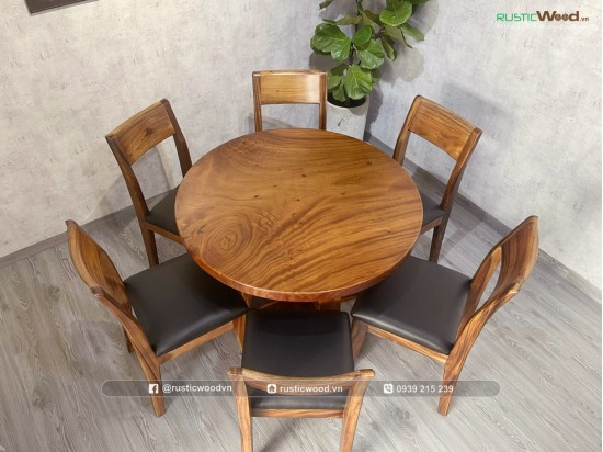 Bộ bàn tròn gỗ me tây nguyên tấm 6 ghế