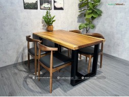 Bộ bàn ăn 4 ghế gỗ me tây nguyên tấm kết hợp chân sắt