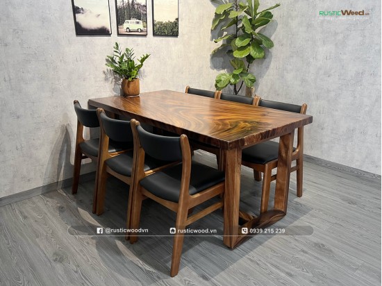 Bộ bàn ăn gỗ nguyên tấm kết hợp 6 ghế bella