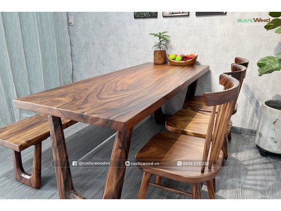 Bộ bàn ăn gỗ me tây kết hợp băng ghế và 3 ghế nan