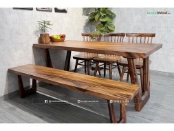 Bộ bàn ăn gỗ me tây kết hợp băng ghế và 3 ghế nan