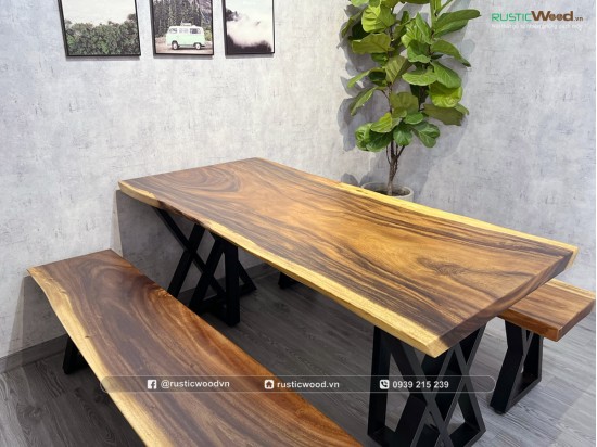 Bộ bàn 2 băng ghế gỗ me tây 1,6m