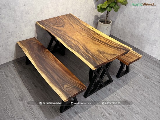 Bộ bàn 2 băng ghế gỗ me tây 1,6m