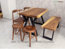 Bộ bàn ăn gỗ me tây ghế bull + bằng ghế dài 120cm