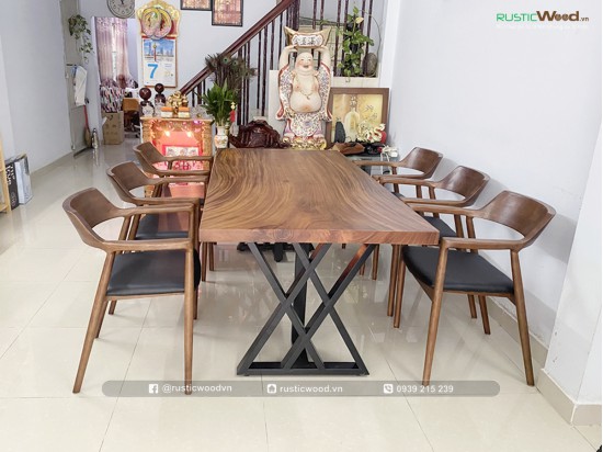 Bộ bàn ăn gỗ me tây nguyên tấm 200x85cm + 6 ghế