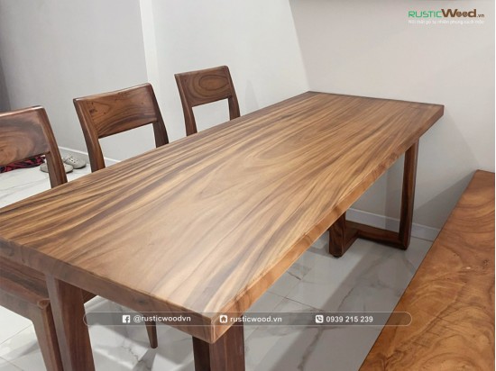 Bộ bàn ăn gỗ me tây 6 người ngồi dài 1,8m kết hợp ghế gỗ