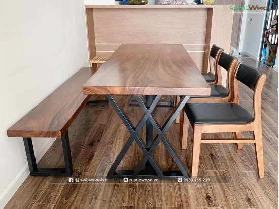 Bộ bàn ăn gỗ me tây nguyên tấm 1,8m kết hợp băng ghế