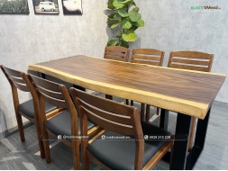 Bộ bàn ăn gỗ me tây nguyên tấm kết hợp 6 ghế Vega