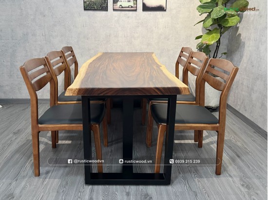 Bộ bàn ăn gỗ me tây nguyên tấm kết hợp 6 ghế Vega