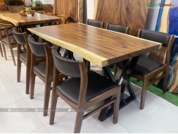 Bộ bàn ăn gỗ nguyên tấm 160cm + 6 ghế Benla