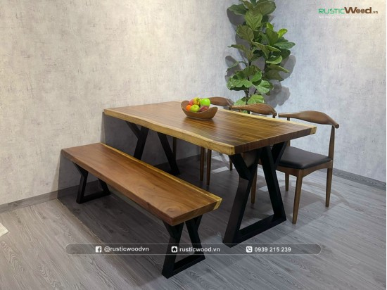 Bộ bàn ăn gỗ nguyên tấm 1,6m kết hợp băng ghế dài
